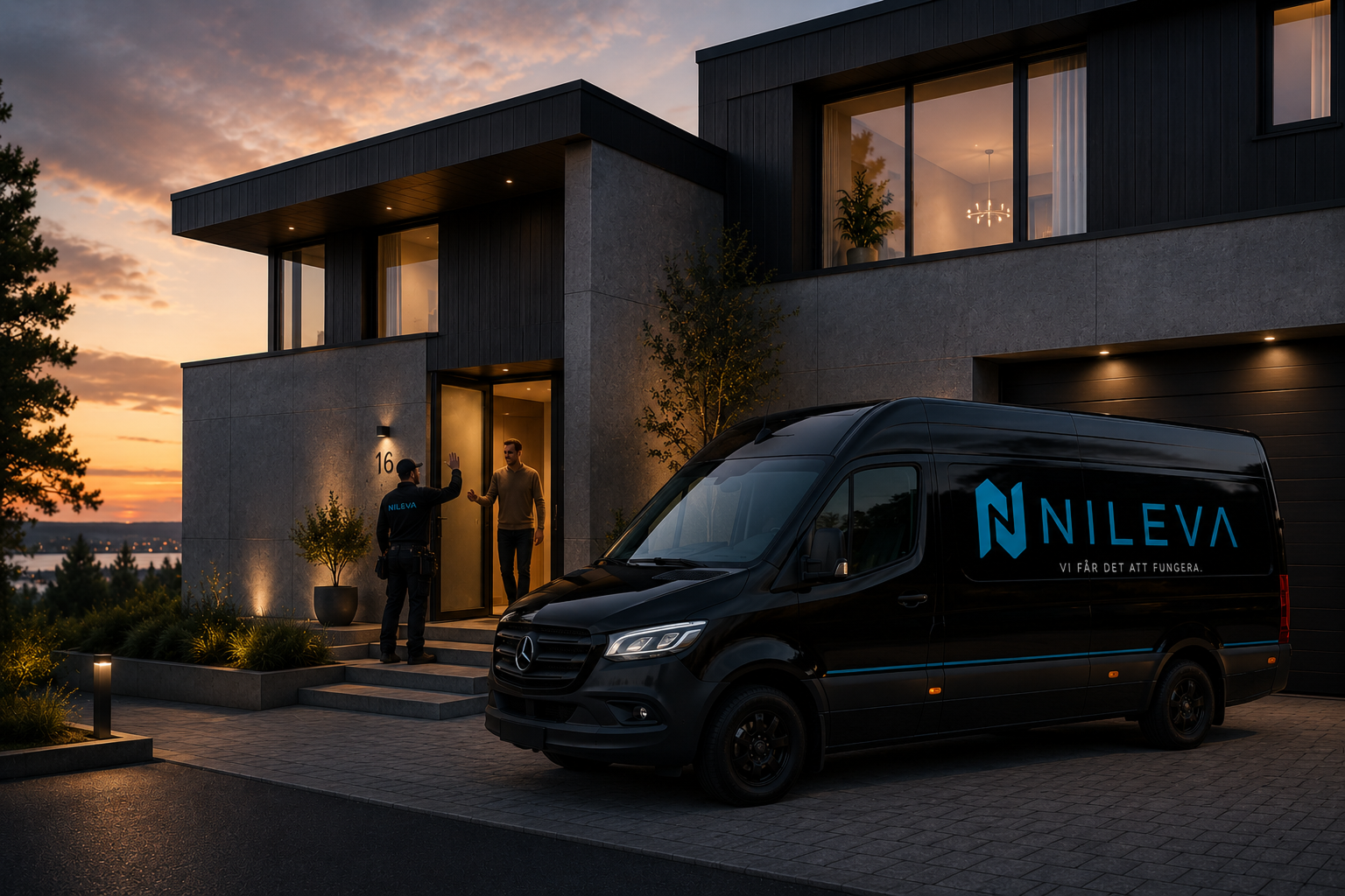 NILEVA-elektriker anländer till en modern villa