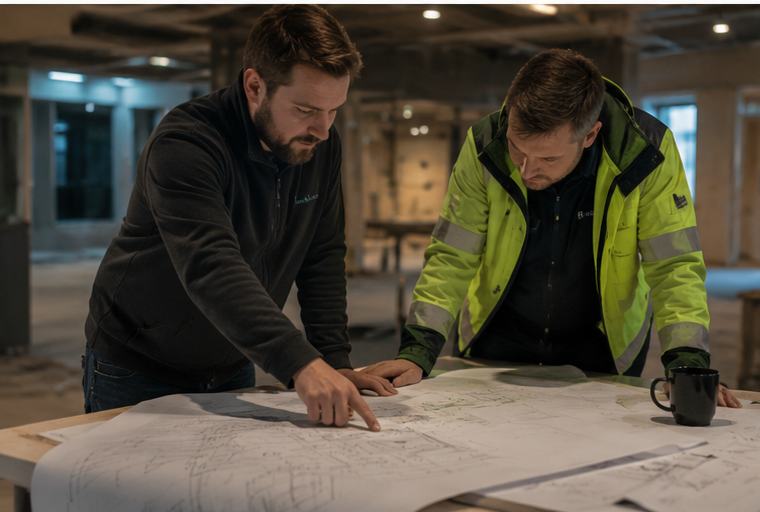Två yrkespersoner går igenom ritningar inför ett elprojekt