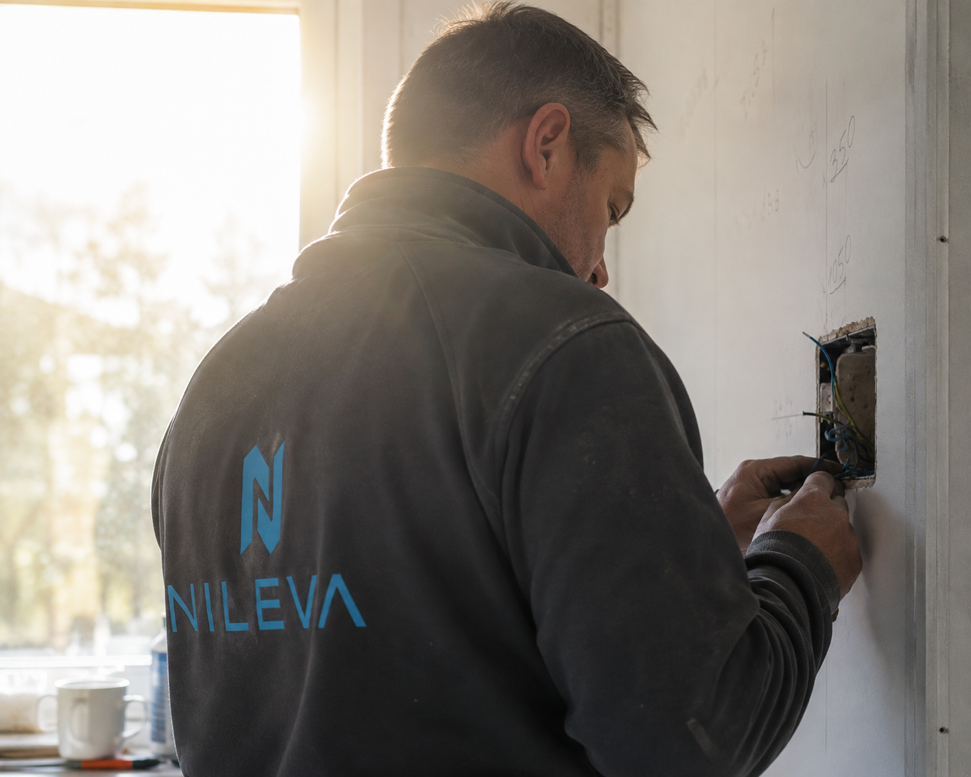 NILEVA-elektriker arbetar med elinstallation under en renovering